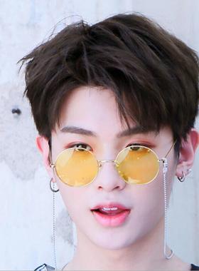 ins黄明昊同款墨镜链条眼镜男圆形复古太子镜太阳镜韩版潮带链子