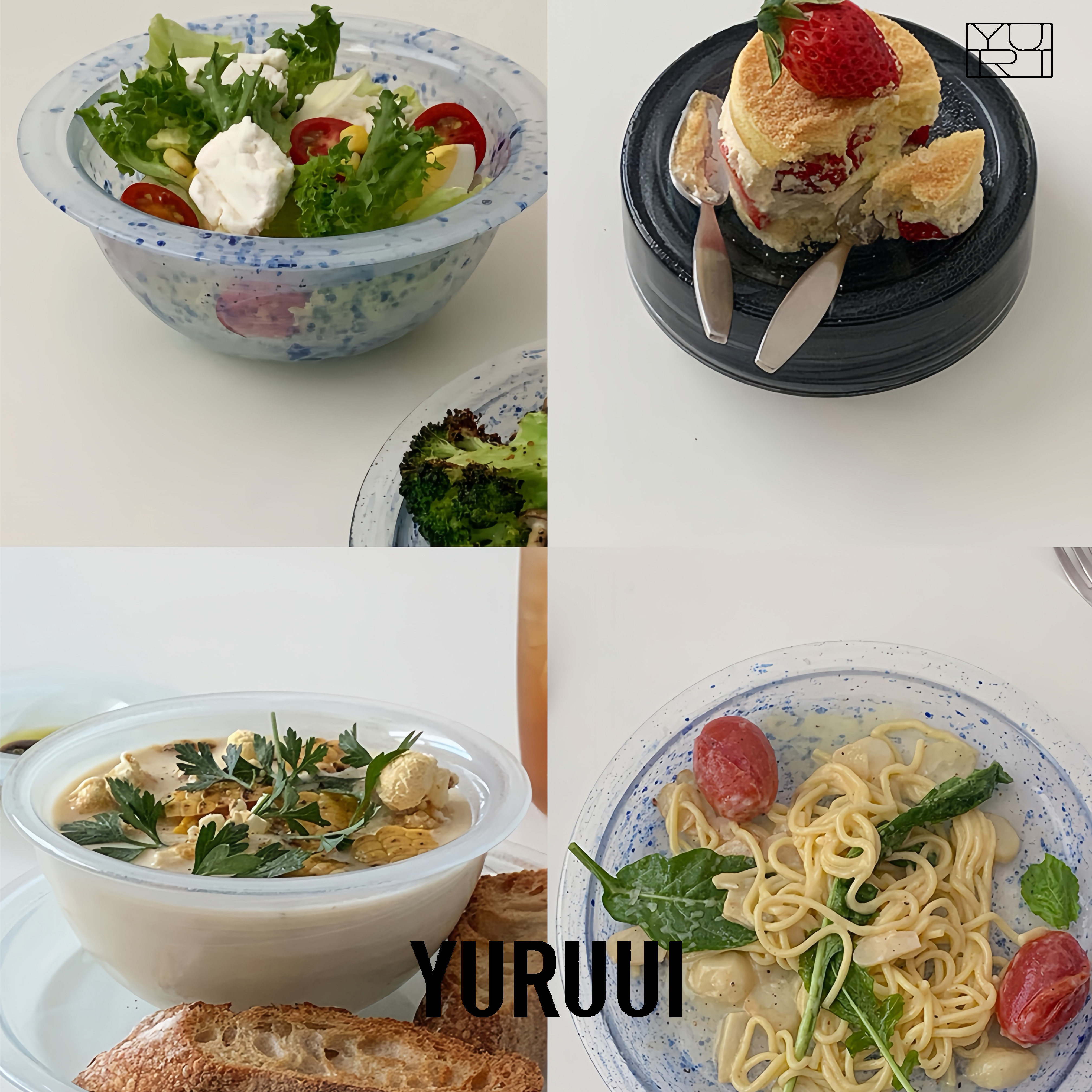[YURUUI设计师]土耳其产云雾玻璃白涟漪蓝泼墨面碗餐盘沙拉盘