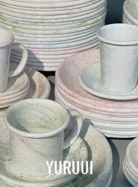 [YURUUI设计师]韩国Eding大理石晕染花纹搪瓷餐盘小碟子晚餐盘