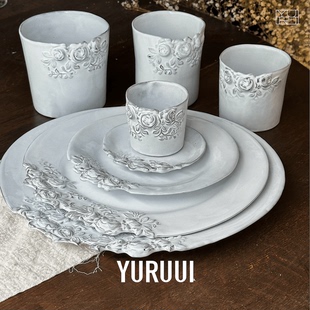 PARIS玫瑰花浮雕黑陶餐盘水杯家用餐具 YURUUI设计师 法国CARRON