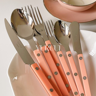 [YURUUI设计师]法国Sabre Paris蜜桃粉牛排西餐刀叉勺三件套不锈