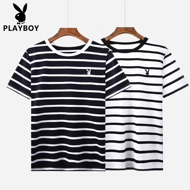 PLAYBOY/花花公子高尔夫商务条纹短袖T恤男夏休闲百搭圆领海魂衫