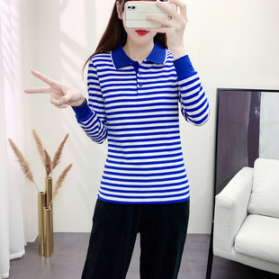 蒙蝶依翻领2025新款男女长袖蓝白条纹春秋季情侣T恤衫纯棉POLO衫