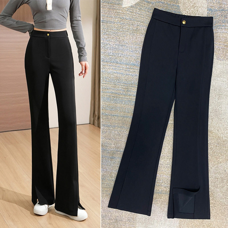 女款微喇西裤腰秋季显瘦显弹力修身洋气开叉垂感喇叭西装裤子潮