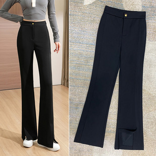 女款微喇西裤腰秋季显瘦显弹力修身洋气开叉垂感喇叭西装裤子潮
