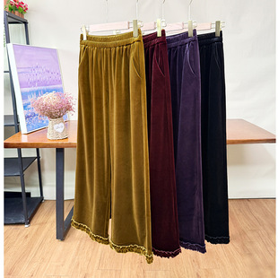 女高端丝绒裤小个子九分松紧腰直筒窄版显瘦设计感花边金丝绒正品