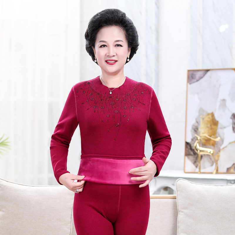 女士大码中老年保暖内衣套装胖妈妈加绒加厚加大红色本命年老奶奶
