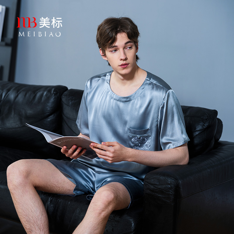 美标短袖真丝套装男可外穿套装夏