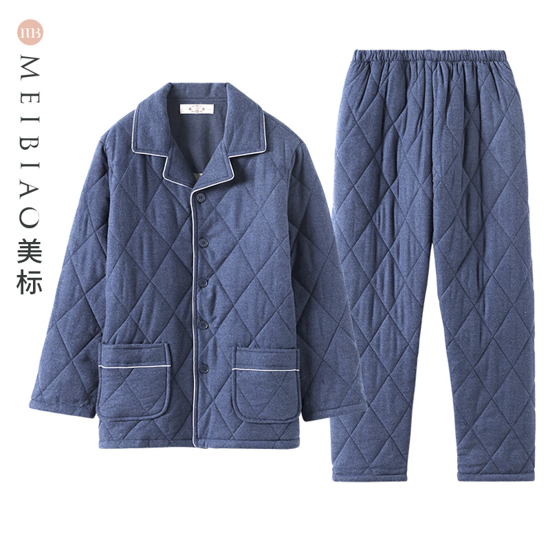 美标秋冬三层保暖格子全棉质睡衣
