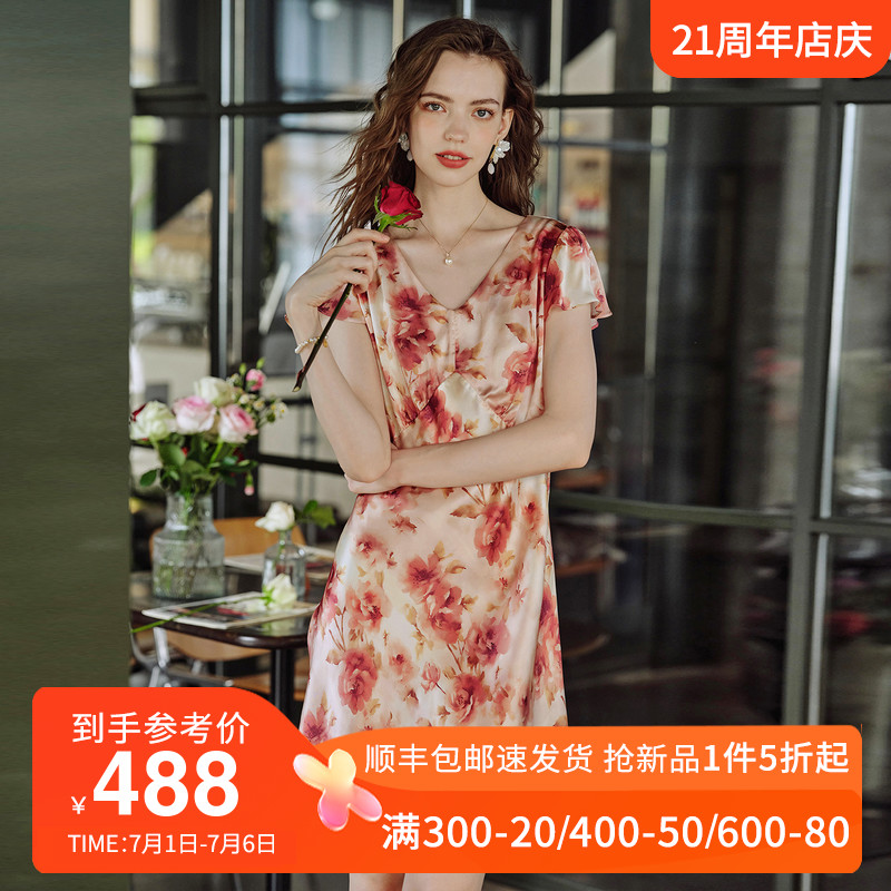 美标夏季新款短袖真丝睡裙女新款睡衣100%桑蚕丝绸可外穿家居服