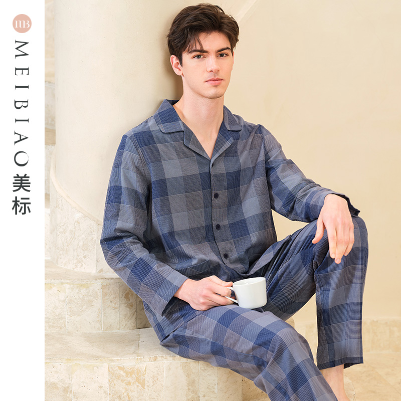 美标双层棉纱纯棉睡衣男可外穿春