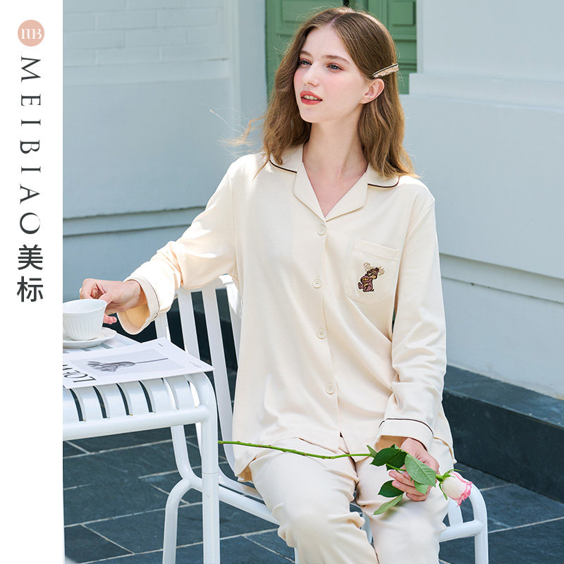 美标女士长袖纯棉睡衣套装春秋季新款简约卡通针织全棉家居服冬季