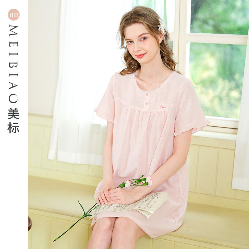 美标棉纱纯棉短袖睡裙夏季公主风图片