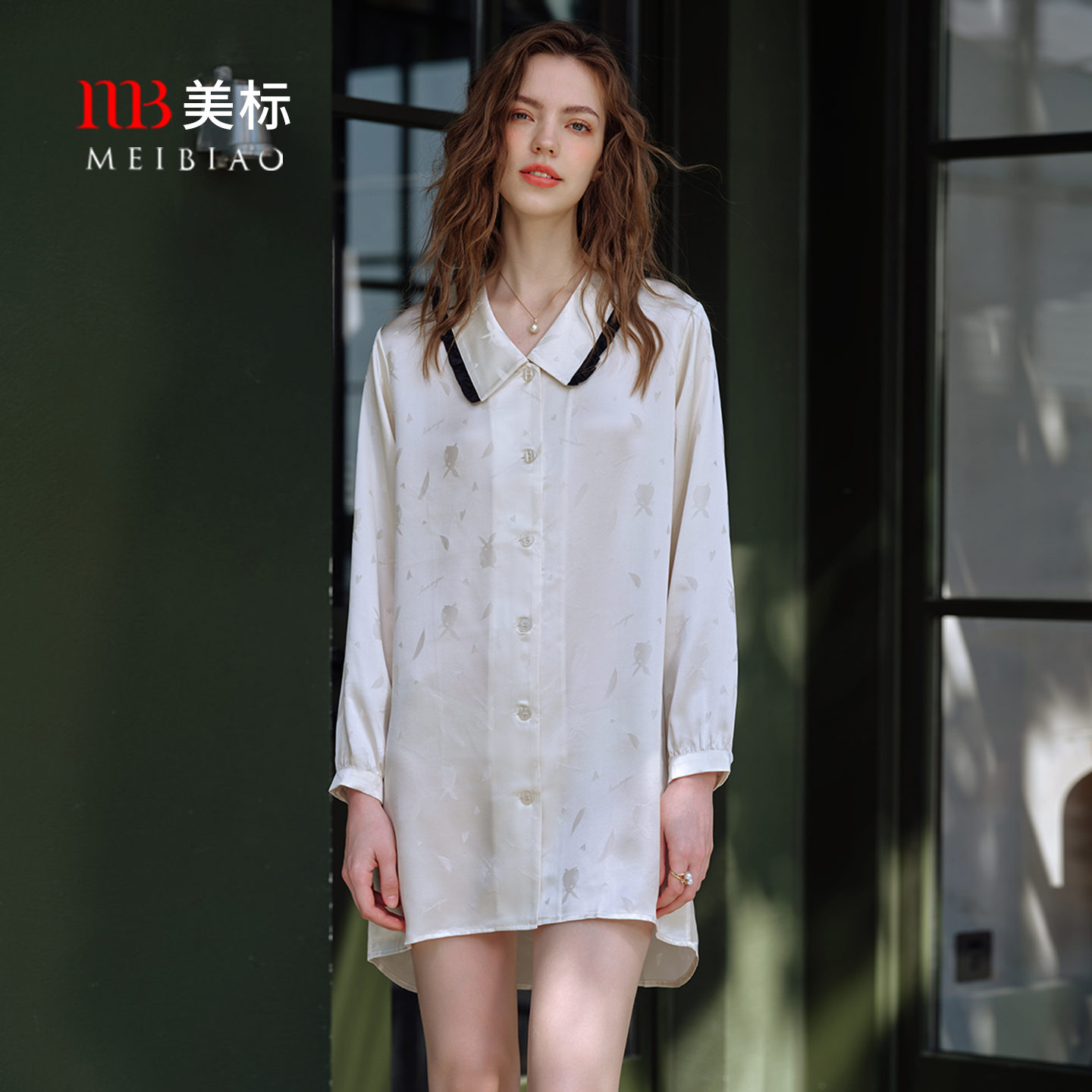 美标长袖真丝睡裙轻奢衬衫裙睡衣