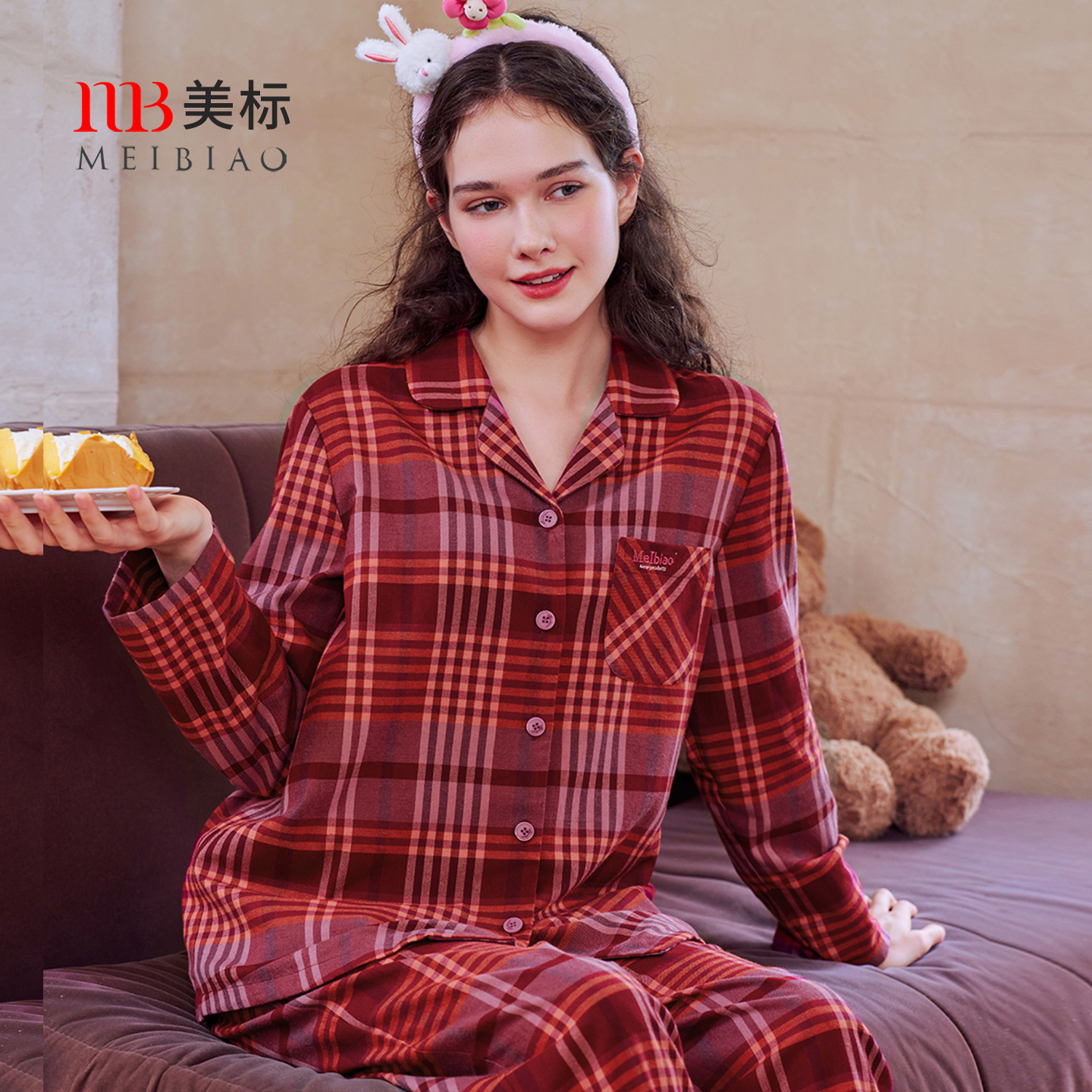 美标秋冬女士长袖红格子纯棉睡衣