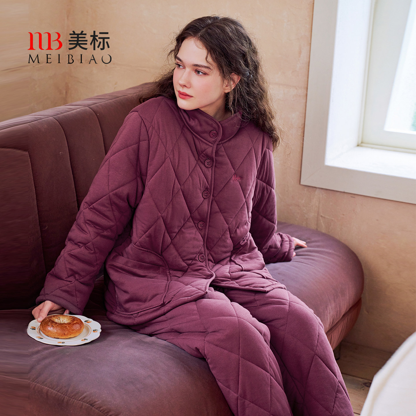 美标秋冬三层加厚夹棉纯棉睡衣女套装咖啡碳可外穿休闲全棉家居服