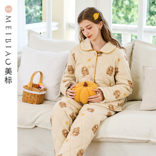 保暖纯棉套装 卡通全棉质睡衣 新款 美标三层加厚夹棉家居服女秋冬季