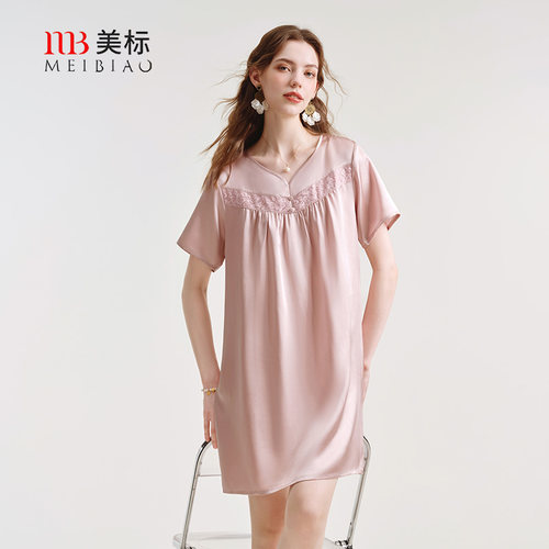 美标春夏性感真丝睡裙重磅短袖100%桑蚕丝绸睡衣可外穿家居服女士 - 封面