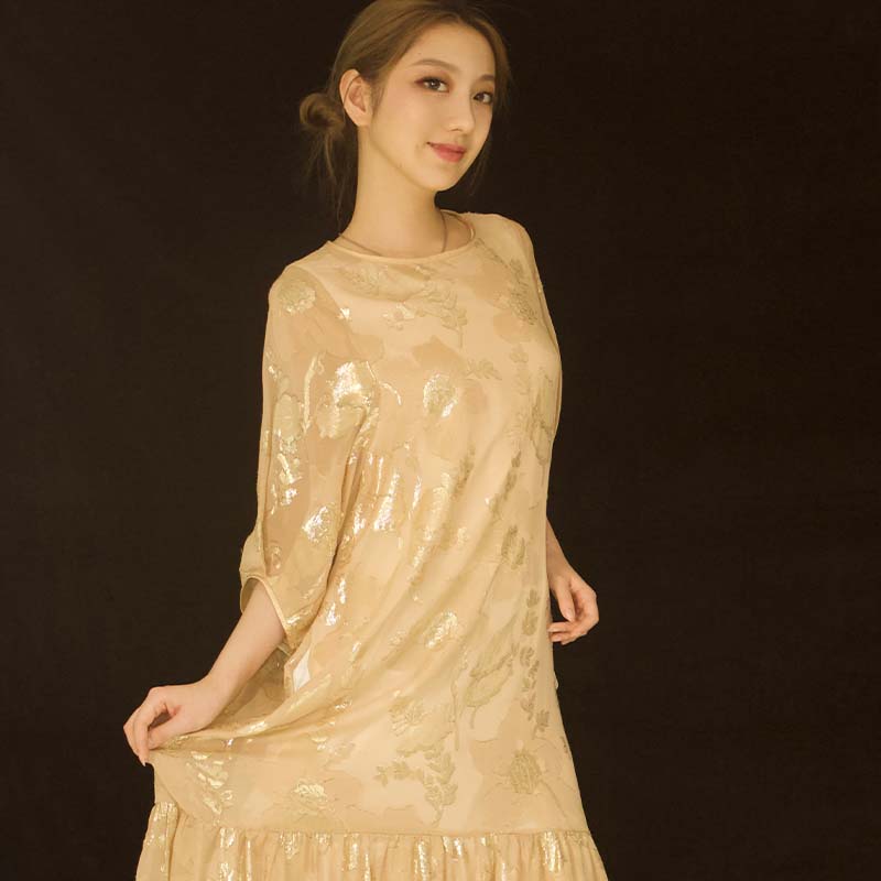 2024新款长袖宽松真丝长裙气质显瘦裙子黄色新中式国风连衣裙女
