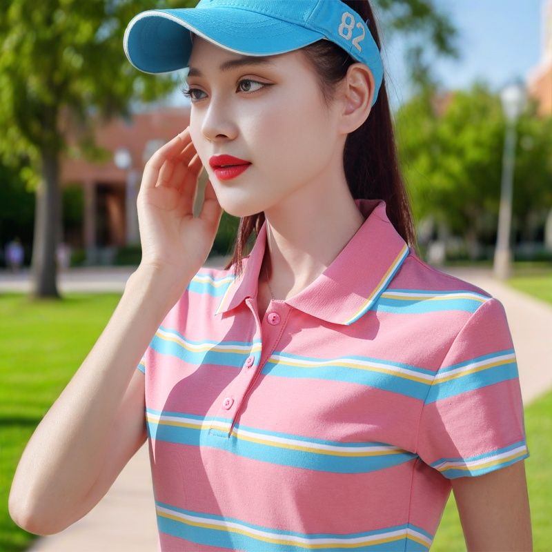 翻领polo衫女短袖运动t恤纯棉条纹运动衫半袖女体恤上衣夏季女装