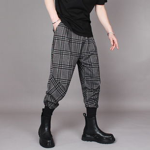 子男韩版 男靴裤 宽松束脚哈伦裤 百搭潮流痞帅格子休闲裤 秋季 潮牌裤
