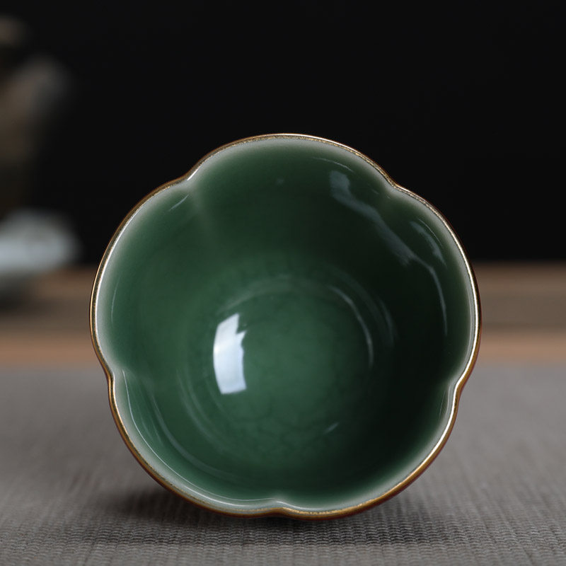 龙泉窑青瓷少波纯手工茶杯祭霁红花口主人杯品茗杯客饮杯功夫茶道