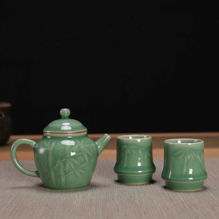龙泉市青瓷弟窑梅子青茶壶陶瓷茶具过滤泡周连福手工制作刻花小号