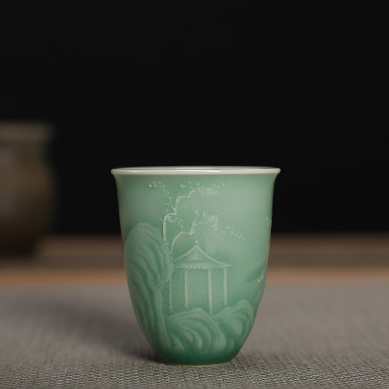 龙泉弟窑青瓷周连福纯手工梅子青釉闻香杯小茶杯陶瓷功夫茶具小号