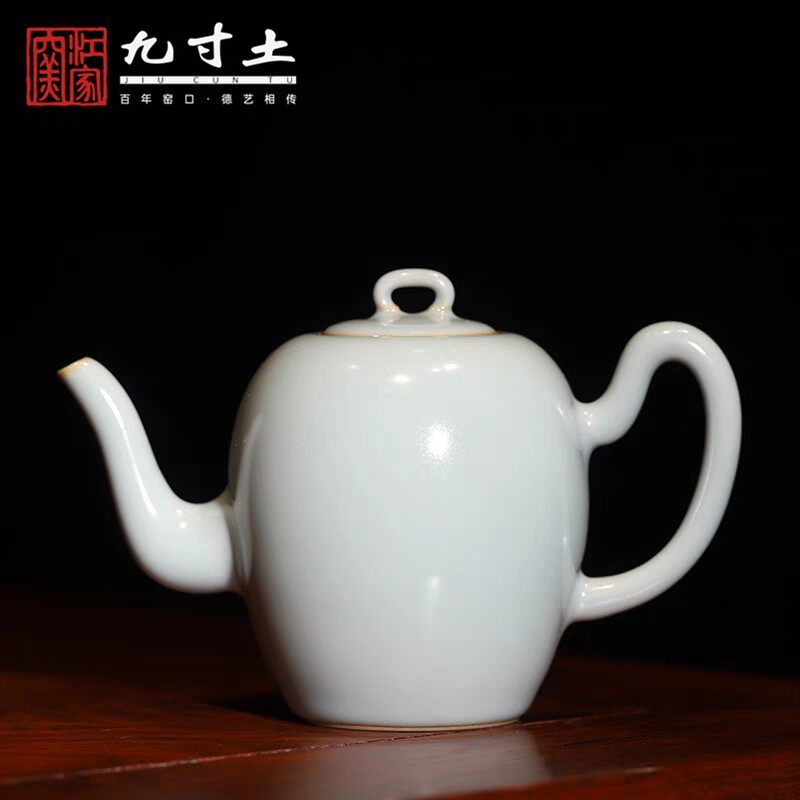 九寸土汝窑美人肩茶壶天青釉汝瓷全手工侧把单壶复古赏玩瓷泡茶壶