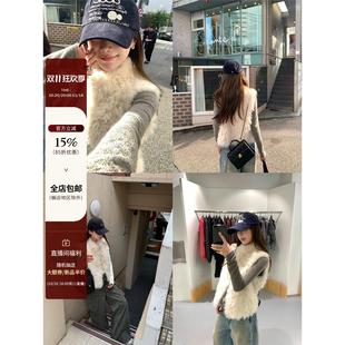 ThreeH 巴斯奶绒 白色环保毛毛马甲女秋冬无袖羊羔毛外套气质上衣