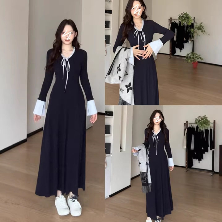 春季长款针织连衣裙女秋冬季大衣内搭打底长裙子miu系巨好看穿搭