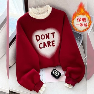 半高领卫衣加绒加厚2025秋冬蕾丝拼接宽松假两件保暖休闲上衣