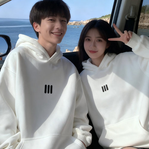 简约印花情侣装连帽卫衣冬季加绒款高级感百搭男女同款上衣