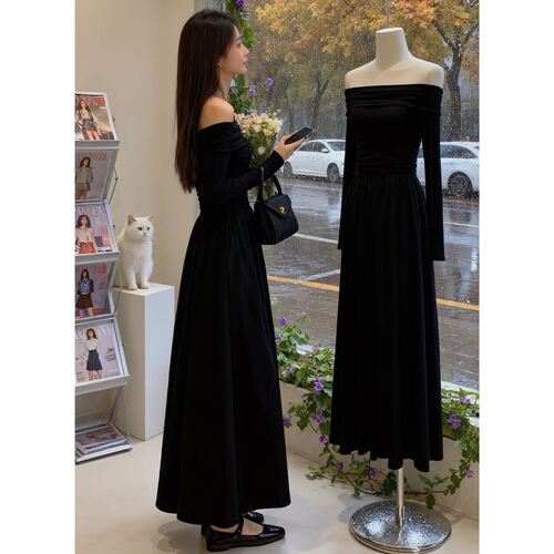 春秋一字肩连衣裙女长款晚礼服高级感超好看冬装赫本风黑色长裙