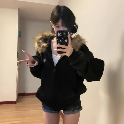 美式复古高街毛领连帽卫衣女春秋oversize秋冬加厚外搭开衫棒球服