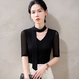 中袖T恤优雅风V领飘带网纱T恤女士五分袖黑色高级感时髦洋气上衣