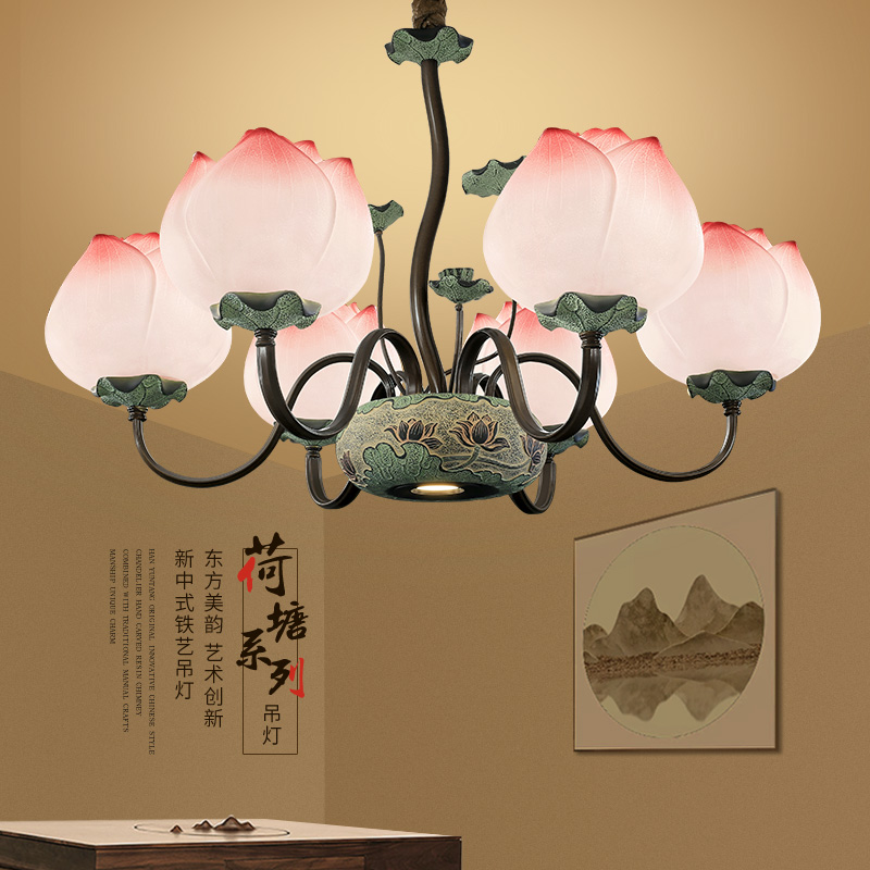 现代新中式吊灯客厅大厅小客厅餐厅楼梯别墅铁艺LED荷花灯具套餐