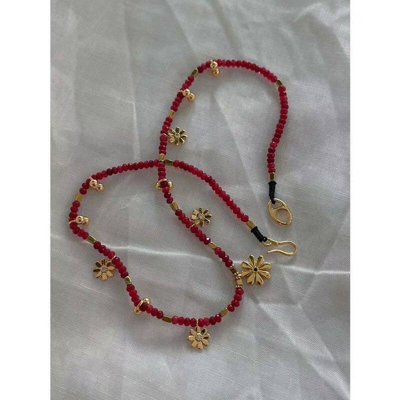 意大利度假红色水晶串珠手链多吊坠雏菊花朵金球吊坠复古感