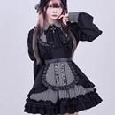 条纹纯色拼接女仆式 PU皮褶皱花边 洛丽塔系 连衣裙 日系原宿风