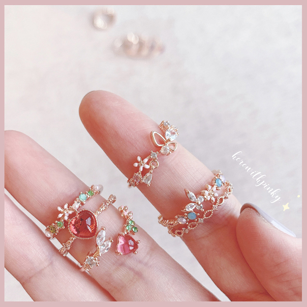 小清新 果冻色爱心花朵藤蔓 舞动的水钻小蝴蝶 开口戒指