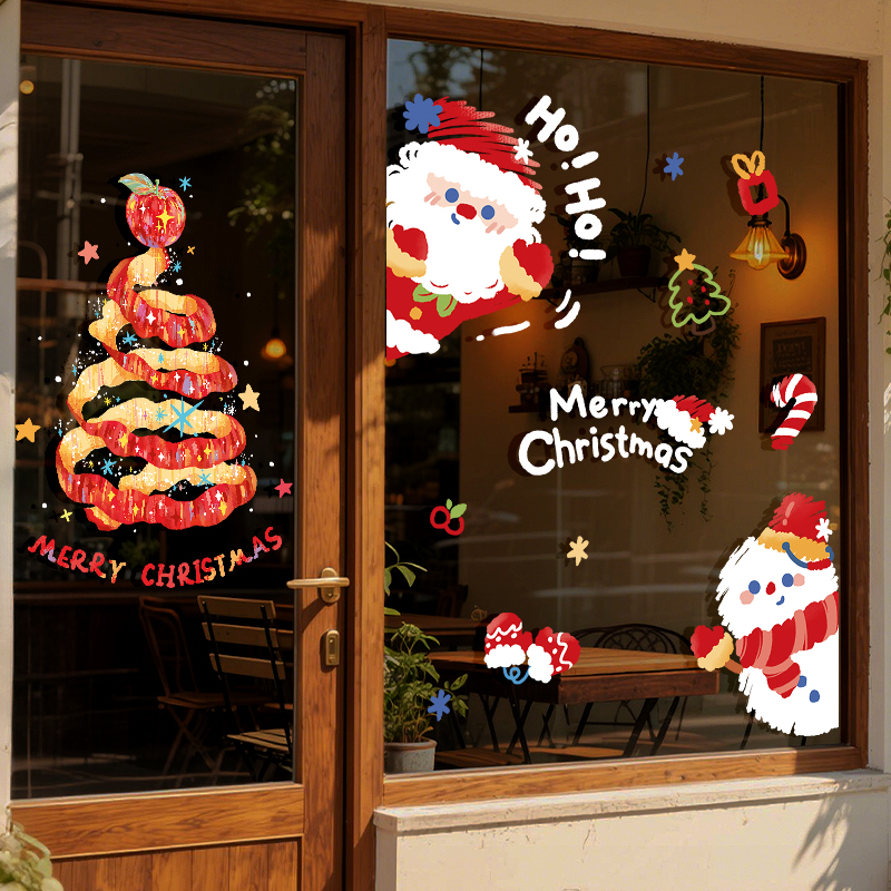 圣诞节玻璃门贴纸圣诞老人树静电贴氛围布置场景橱窗贴画装扮窗花