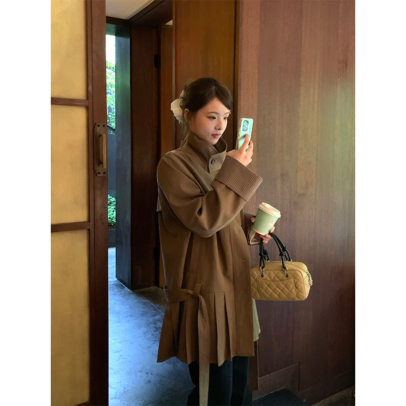 SyingStyle金施莹 英伦风系带立领风衣外套秋季新款宽松收腰大衣