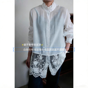 深圳高端欧货2026早春时尚百搭木耳领蕾丝下摆中长款长袖白衬衫