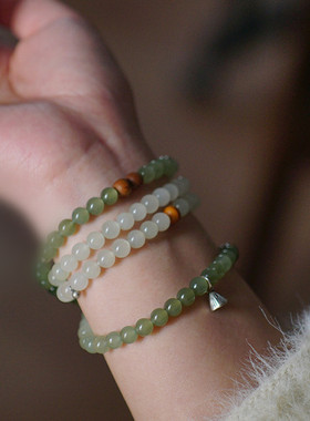 和田玉青玉渐变色手链6mm单多圈青白玉佛珠 清水绿DIY女款小清新