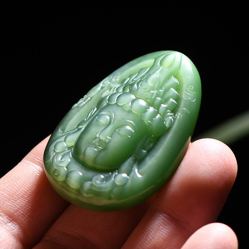 缘鼎玉器 天然和田玉吊坠俄料碧玉猫眼观音男玉佩玉石挂件带证书