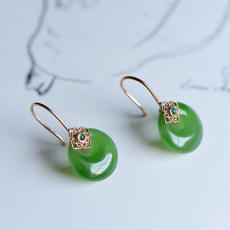 缘鼎玉器 俄料天然和田玉耳坠碧玉阳绿环18K金镶玉带证书12MM,珠宝/钻石/翡翠,耳饰,淘宝优惠券,粉丝福利购,淘宝优惠卷