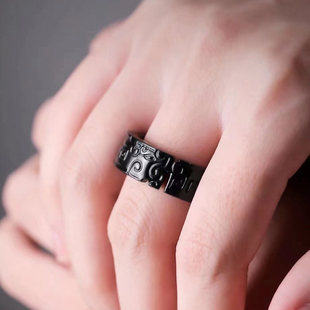 缘鼎玉器 新疆天然和田玉戒指黑玉墨玉男士复古回纹玉石扳指指环