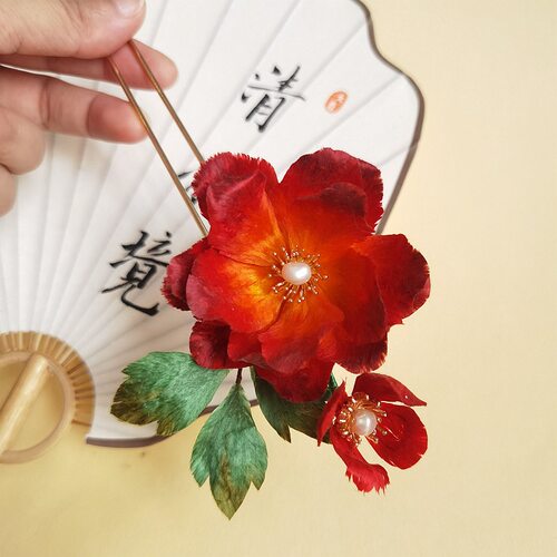 非遗绒花蚕丝纯手工古风牡丹发钗盘发簪旗袍汉服发饰古典配饰品