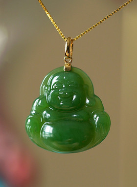 和田玉碧玉吊坠14k包金扣头挂坠碧玉弥勒佛项链锁骨链民族风饰品