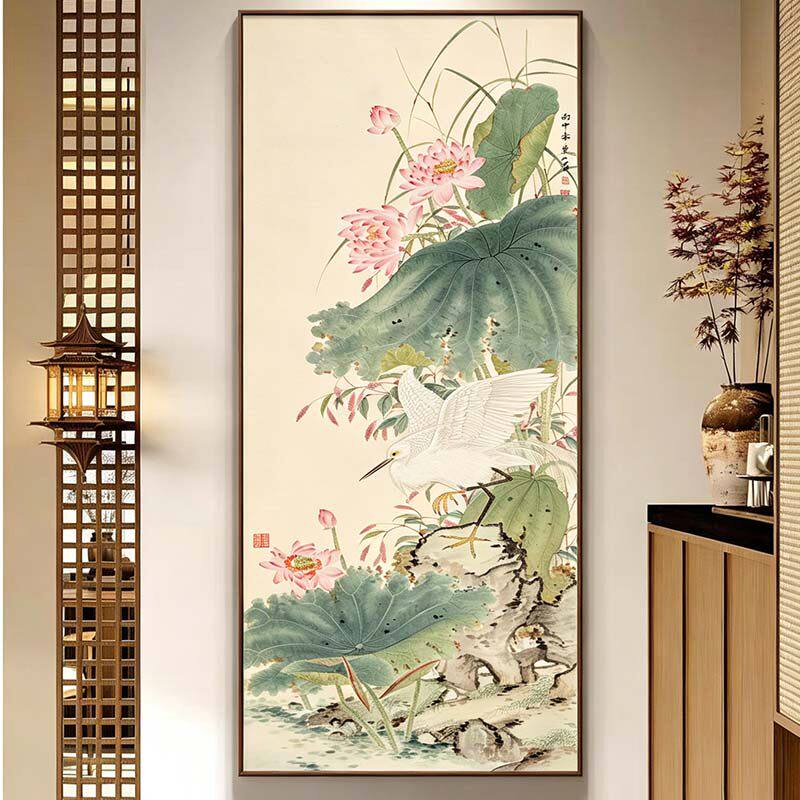 新中式荷花仙鹤客厅沙发背景墙装饰画小众艺术高级感餐厅卧室挂画